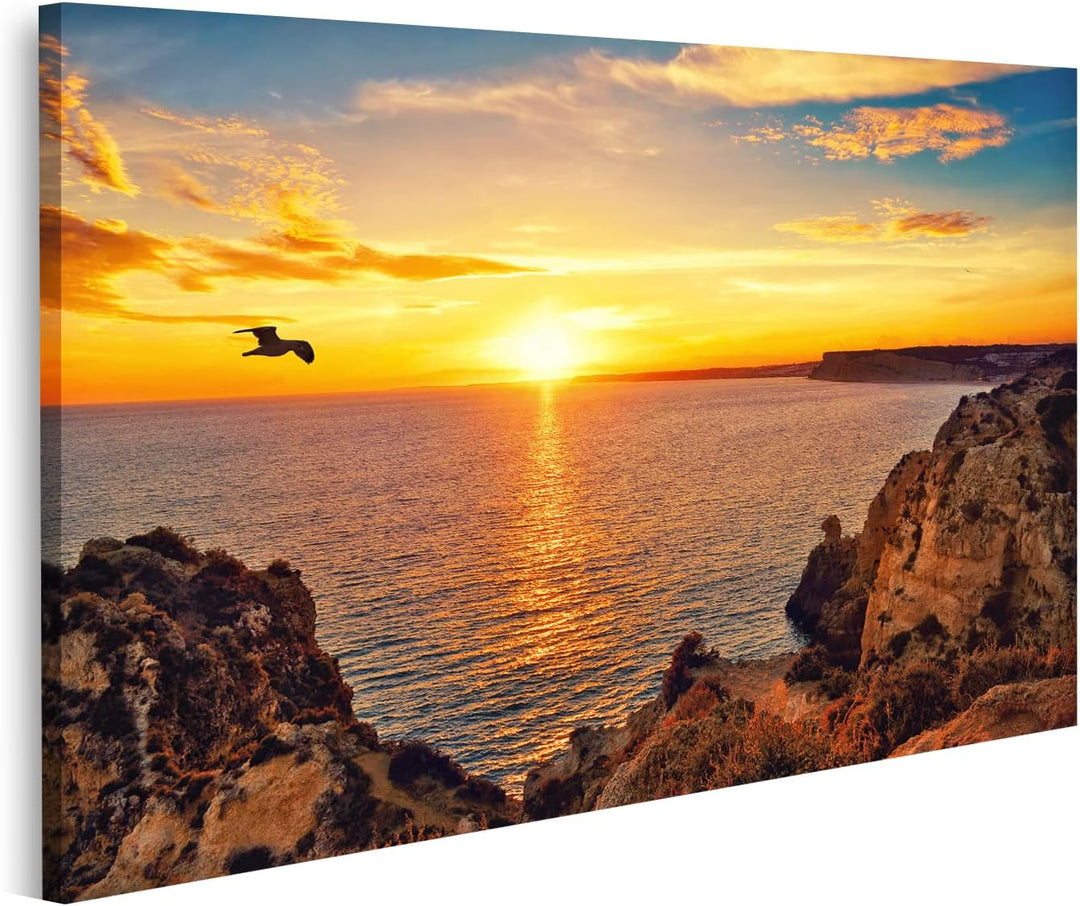 islandburner Bild auf Leinwand Felsige Küste Am Meer Sonnenuntergang Vogel Bilder Wandbilder Poster