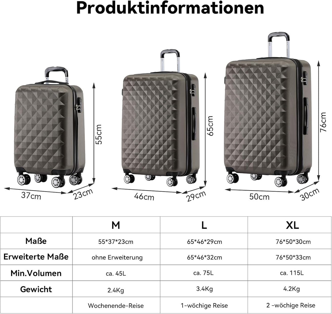 BEIBYE Zwillingsrollen 2066 Hartschale Trolley Koffer Reisekoffer Gepäck M-L-XL-Set (Coffee, Set) Co
