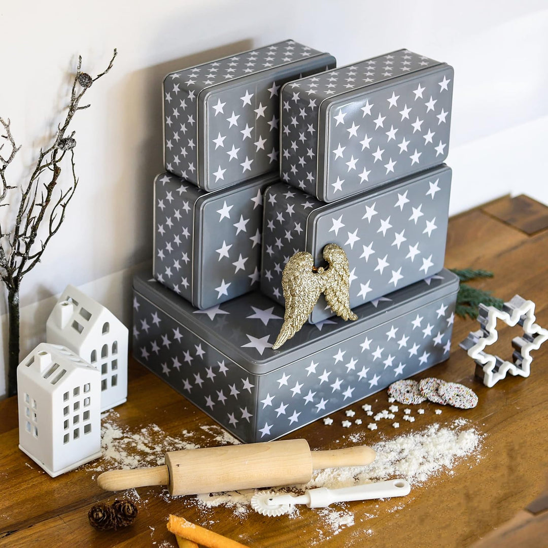 Brandsseller 5er Set Keksdose rechteckig Weihnachtsdose Plätzchendose Gebäckdose Metall Sterne 5er S