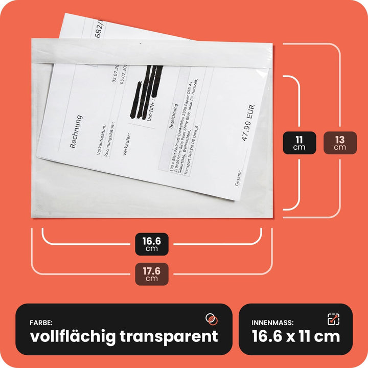 Netuno 1000x transparente Lieferscheintasche selbstklebend DIN C6 175x 129 mm Begleitpapiertasche Do