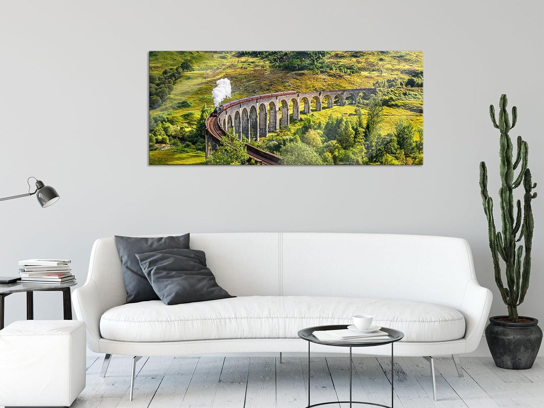 Glasbild Panorama | Wandbild aus Echtglas | Eisenbahnviadukt in Schottland | 100x40 cm | inkl. Aufhä