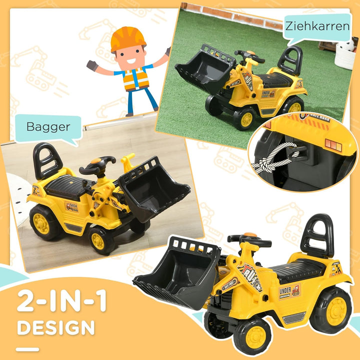 HOMCOM Sitzbagger mit eingebautem Ablagefach Kinder Rutschauto Traktor Kinderbagger mit Hupe Rutsche