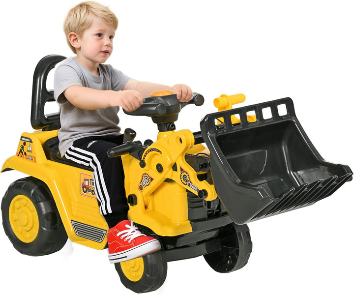 HOMCOM Sitzbagger mit eingebautem Ablagefach Kinder Rutschauto Traktor Kinderbagger mit Hupe Rutsche