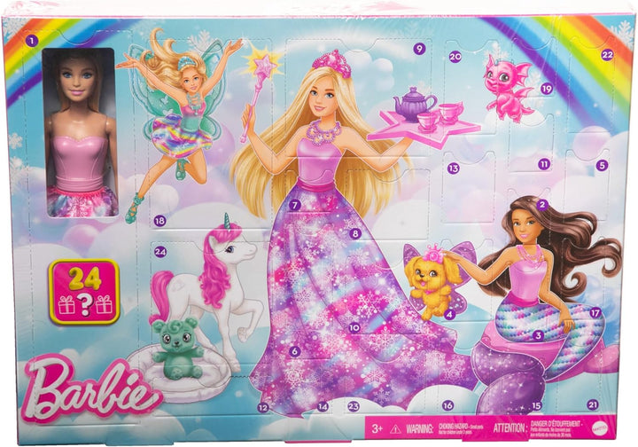 Barbie Dreamtopia Märchen-Adventskalender mit Puppe und 24 Überraschungen wie Haustieren, Moden und