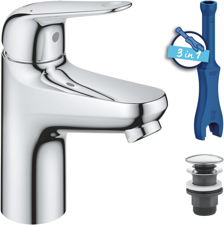 GROHE Swift - Waschtischarmatur (wassersparend, ~16cm hoch, inkl. Montagewerkzeug, Push-Open Ablauf)