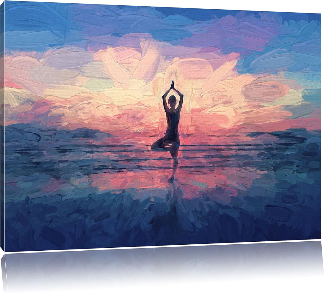 Pixxprint Yoga am Strand Kunst als Leinwandbild/Grösse: 100x70 cm/Wandbild/Kunstdruck/fertig bespann