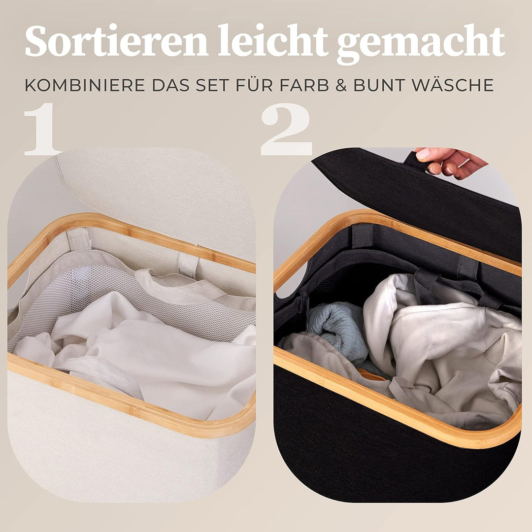 HENNEZ 100L Wäschekorb mit Deckel Schwarz - mit Wäschesack Wäschesammler schmal mit Deckel - Schwarz