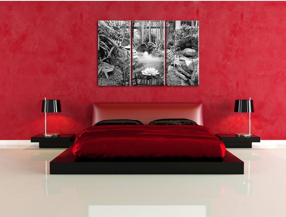 Pixxprint Zen Garten Japan Kunst B&W / 3-Teilig/Gesamtmass 120cm Leinwandbild bespannt auf Holzrahme