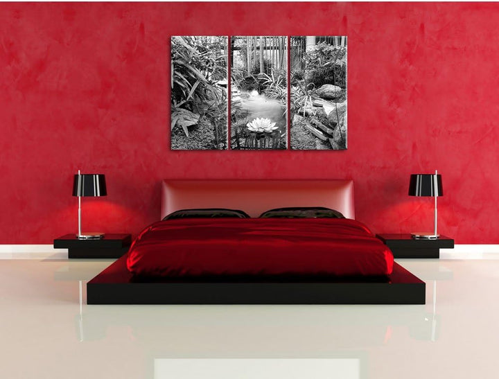 Pixxprint Zen Garten Japan Kunst B&W / 3-Teilig/Gesamtmass 120cm Leinwandbild bespannt auf Holzrahme
