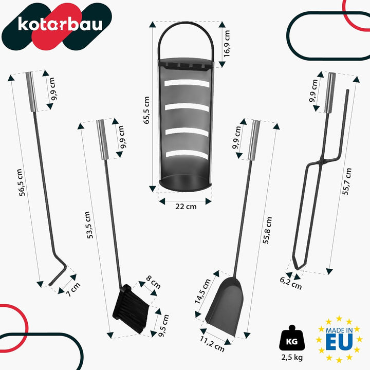 KOTARBAU® 5tlg. Edelstahl Kamingarnitur Schwarz mit Silbernem Griff