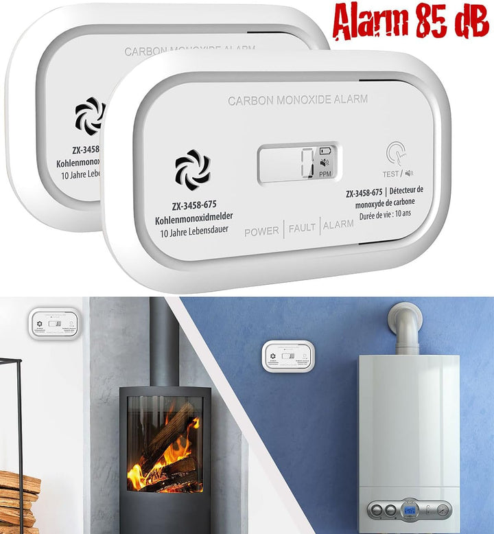 VisorTech Kohlenmonoxid Messgeräte: 2er-Set Digitale Kohlenmonoxid-Melder, 85 dB, Display, DIN EN 50
