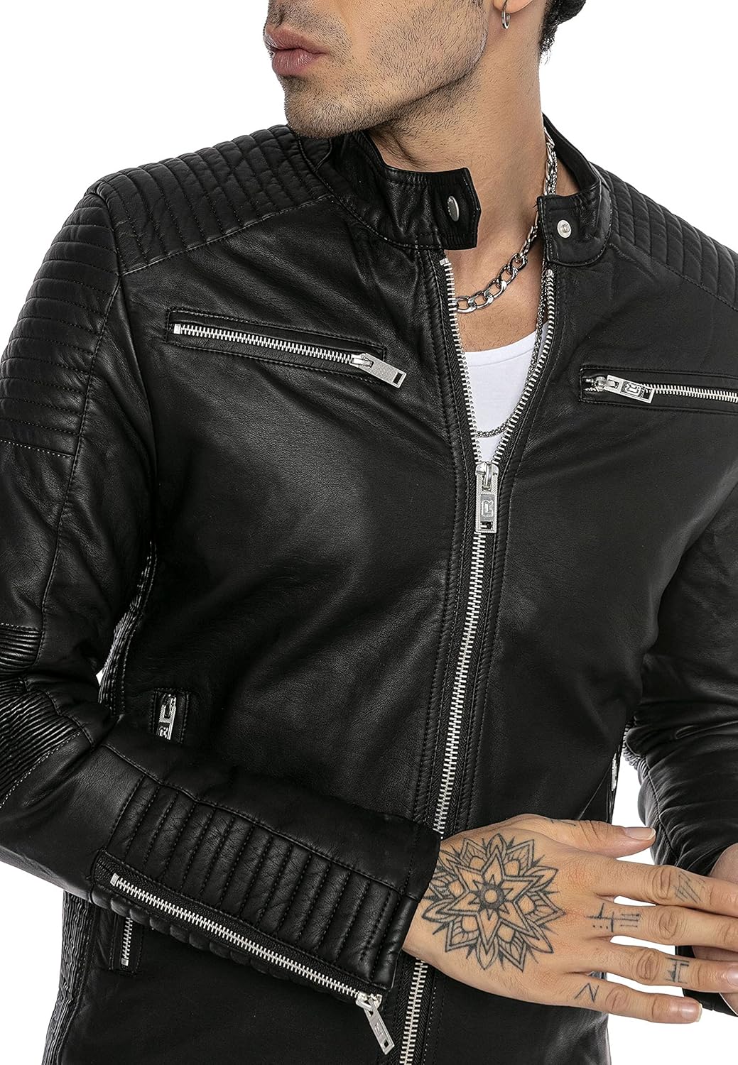 Herren Lederjacke Kunstleder Bikerjacke Übergangsjacke Brooklyn Slim Fit Schwarz M Schwarz, M Schwar