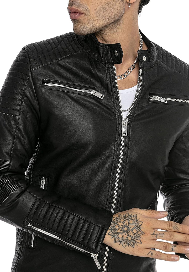 Herren Lederjacke Kunstleder Bikerjacke Übergangsjacke Brooklyn Slim Fit Schwarz M Schwarz, M Schwar