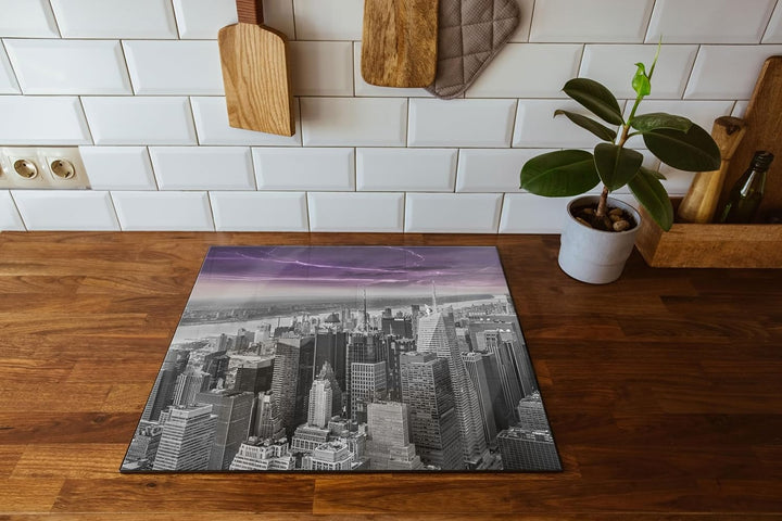 Skyline New York Gewitter Herdabdeckplatte & Spritzschutz aus Echtglas | Für Herd-Kochfelder | 60x52