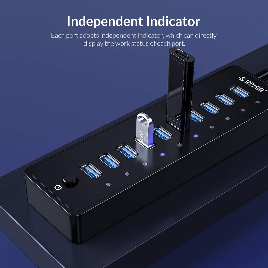 ORICO USB 3.0 Hub 10 Ports mit Netzschaltern und Netzteil 45W (12V4A), 5 Gbps Highspeed Datenhub für