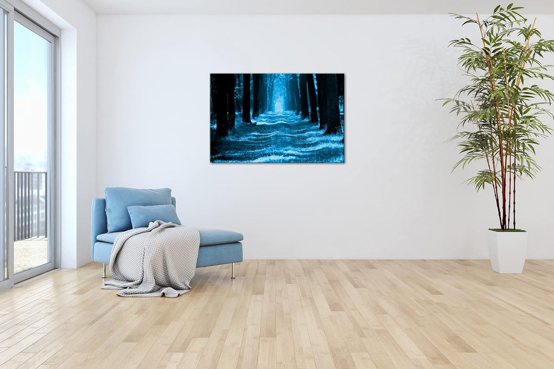 deyoli Waldweg im Herbst Format 80x60 Effekt: Monocrome Blau als Leinwandbild, Motiv fertig gerahmt
