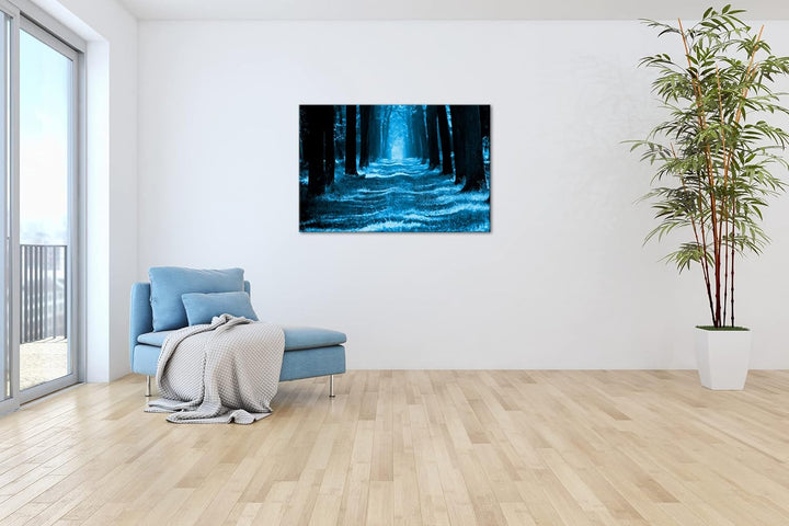 deyoli Waldweg im Herbst Format 80x60 Effekt: Monocrome Blau als Leinwandbild, Motiv fertig gerahmt