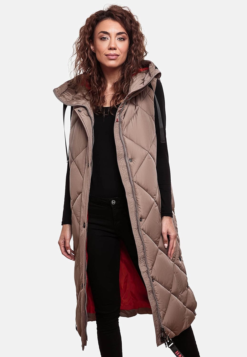 Navahoo warme Damen Winter Steppweste lang mit Kapuze Schnuckel XS-XXL L Dark Taupe, L Dark Taupe