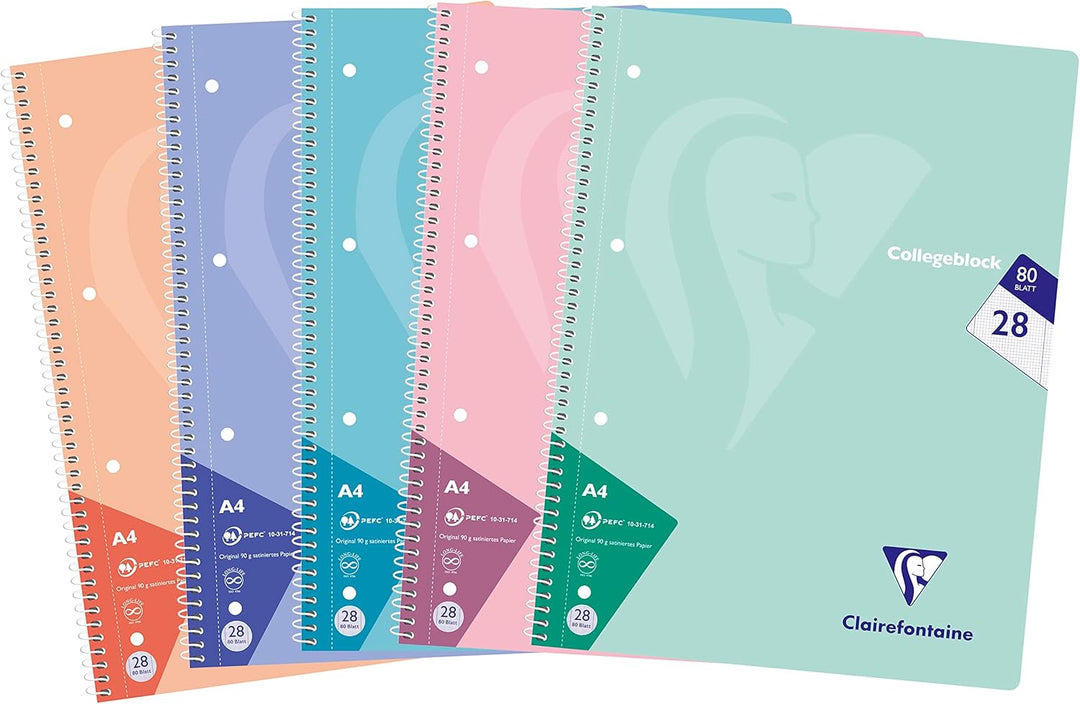 Clairefontaine 306228C - Packung mit 5 Heften / Collegeblöcke, DIN A4, 80 Blatt, 90g, kariert mit Do