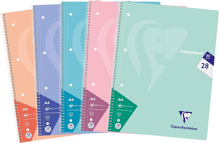 Clairefontaine 306228C - Packung mit 5 Heften / Collegeblöcke, DIN A4, 80 Blatt, 90g, kariert mit Do