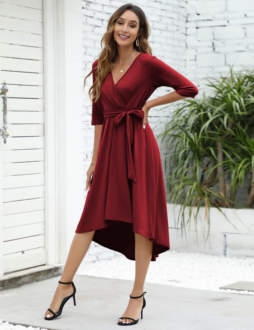 KOJOOIN Damen Umstandskleid Festlich Stillkleid V-Ausschnitt 3/4 Ärmel Schwangerschaftskleid mit Tai