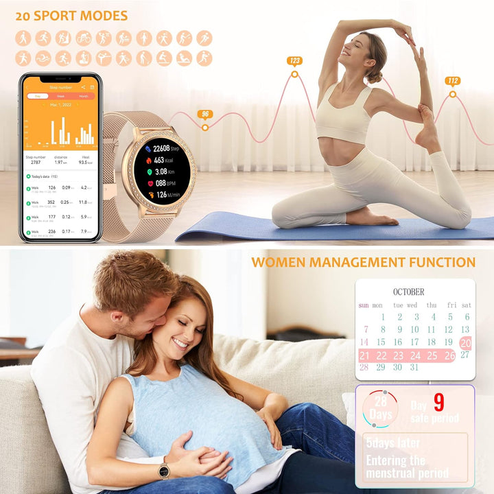 Nendefin Smartwatch Damen mit Telefonfunktion,Smart Watch mit Diamanten Armband,Sprachassistent Fitn