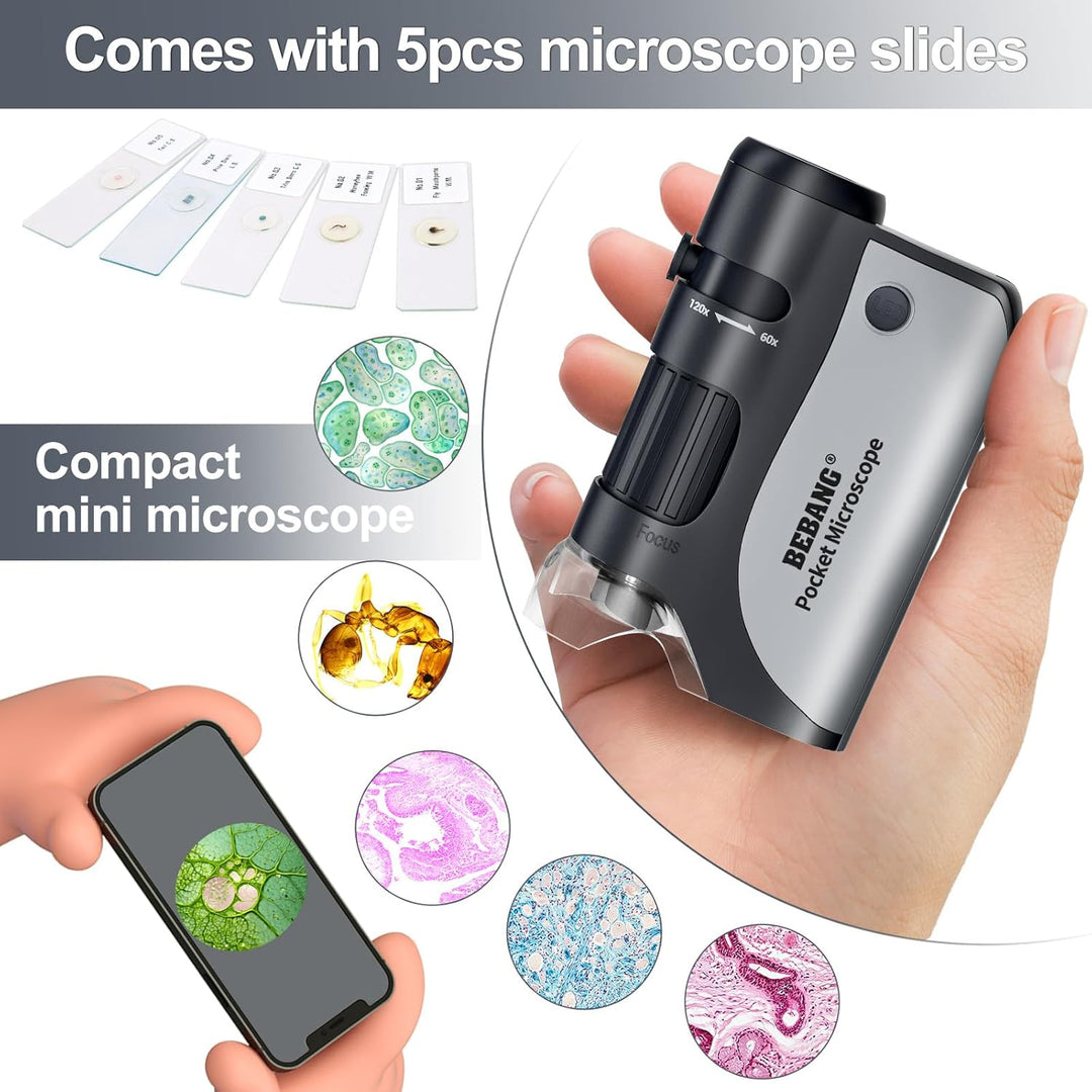 BEBANG 60x-120x Taschenmikroskop, Handheld-Mini-Mikroskop für Kinder mit LED-beleuchtetem Zoom, trag