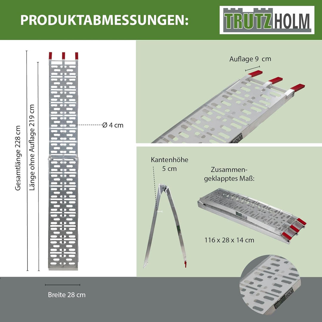 TRUTZHOLM 2 x Auffahrrampe klappbar 228 cm Traglast 680 kg Alu grau gelocht Motorradrampe 2x Rampe S
