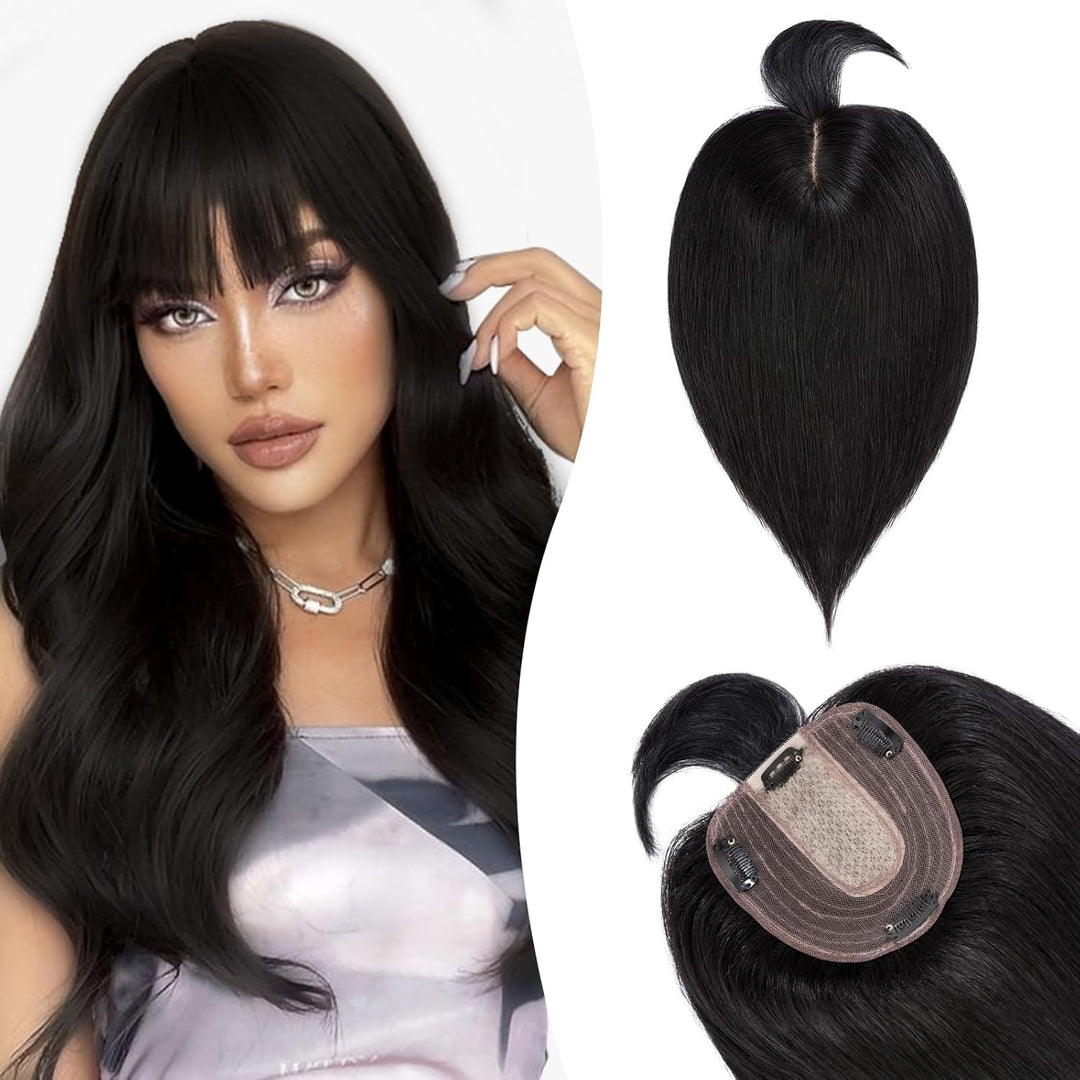 Silk-co Hair Topper Echthaar mit langem Pony, Toupet Damen 10x12cm Basis, Haartopper Echthaar mit Re