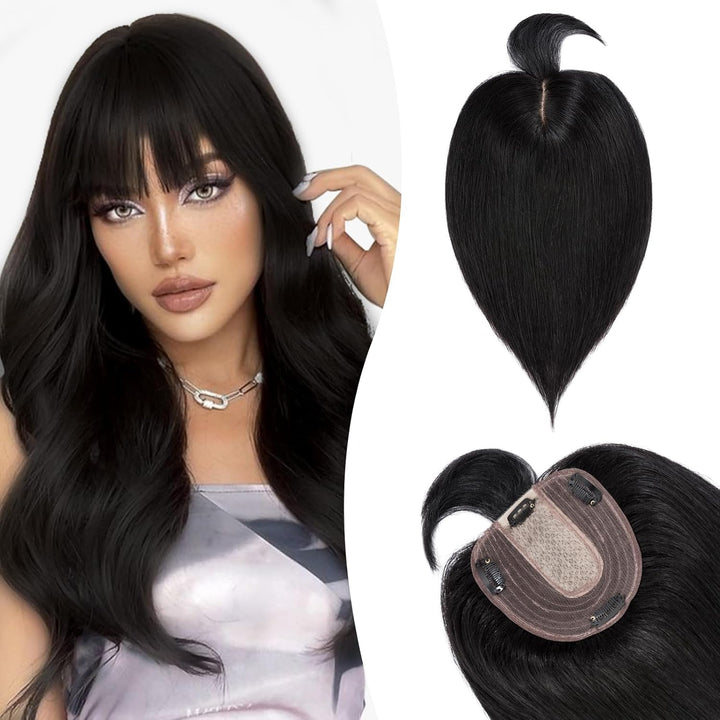 Silk-co Hair Topper Echthaar mit langem Pony, Toupet Damen 10x12cm Basis, Haartopper Echthaar mit Re