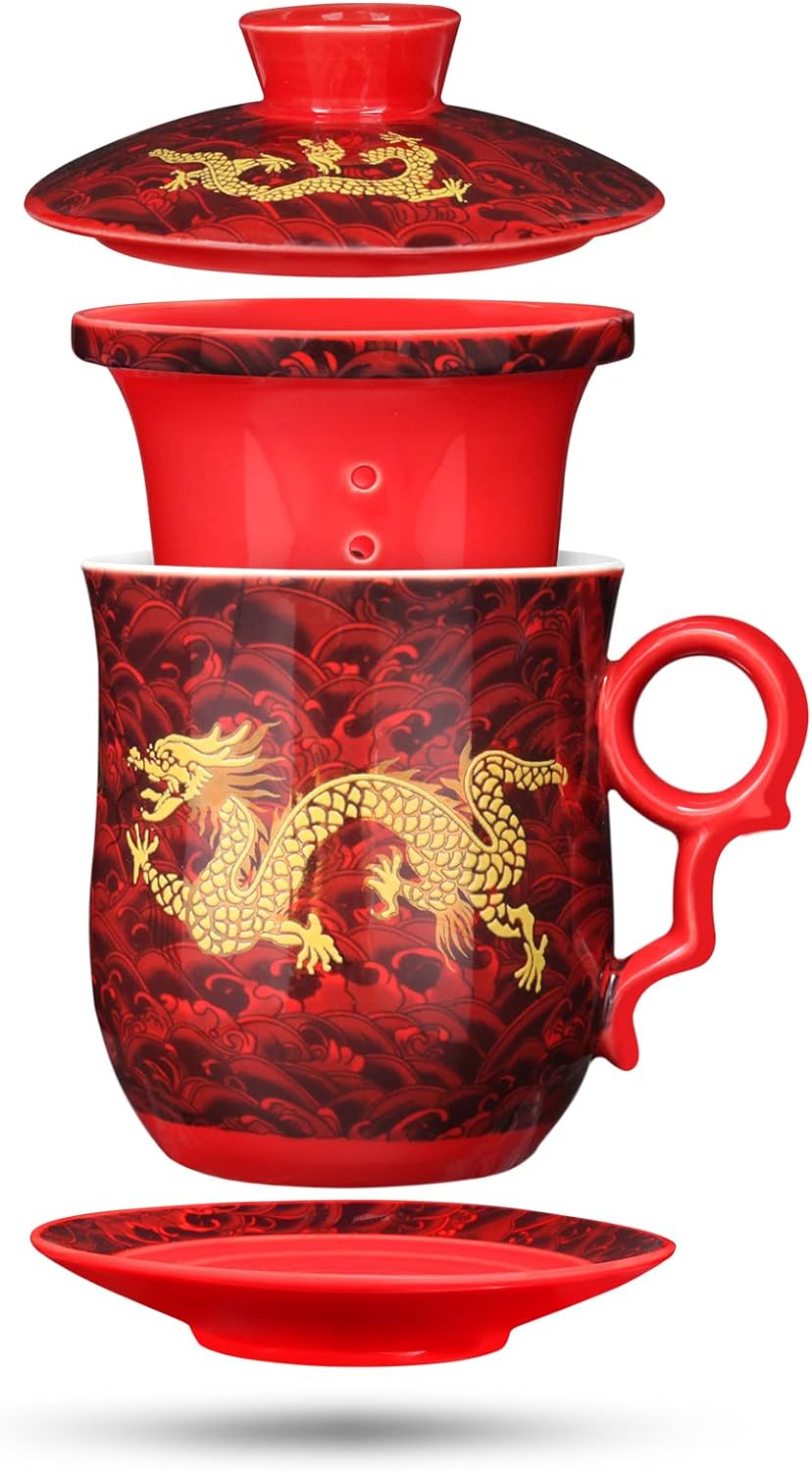 YURROAD Teetasse Mit Teesieb Deckel Und Untertasse Chinesisches Drachenmuster Aus Chinesischem Porze