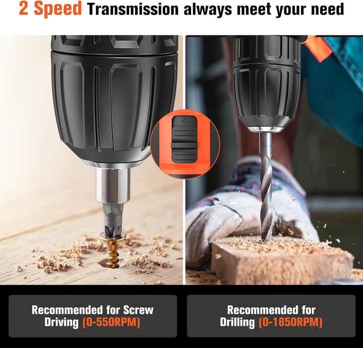 AKZWOXRO Akkuschrauber 21V, Akku Bohrschrauber mit 2 Akkus 2.0Ah, 42Nm Akku Bohrmaschine, 2 Gang, 25