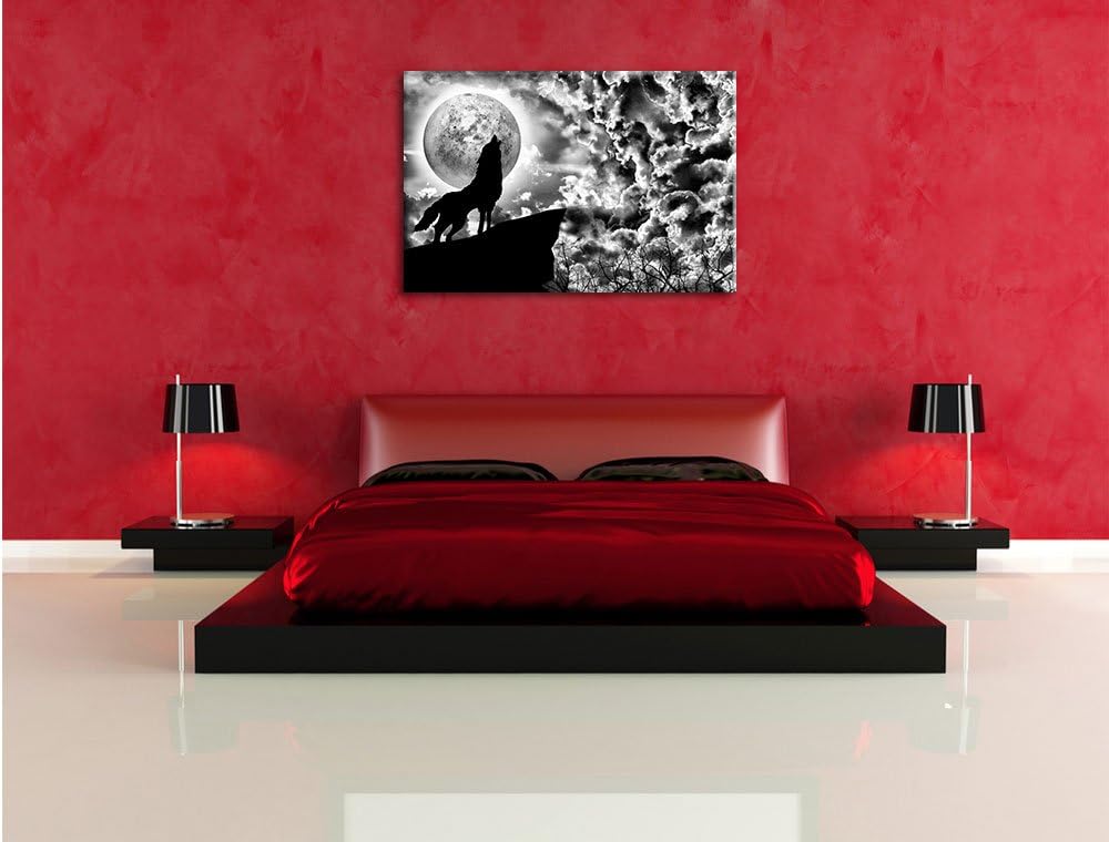 Pixxprint Wolf heult den Mond an als Leinwandbild/Grösse: 100x70 cm/Wandbild/Kunstdruck/fertig bespa