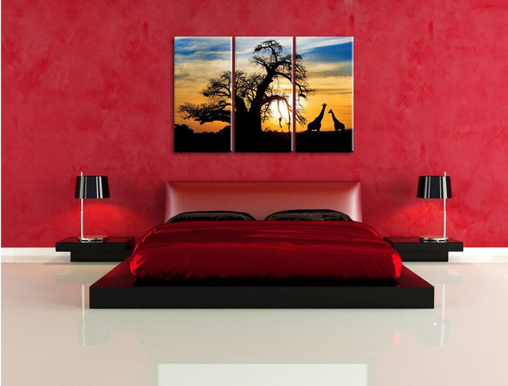 Pixxprint Zwei Giraffen in der Wüste / 3-Teilig/Gesamtmass 120cm Leinwandbild bespannt auf Holzrahme
