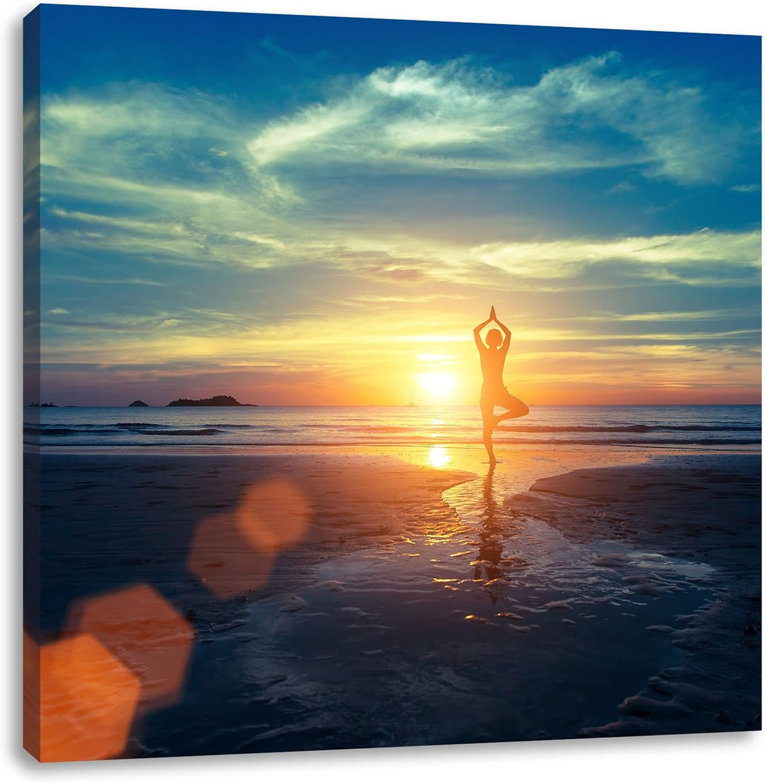 Pixxprint Yoga Silhouette am Strand als Leinwandbild/Grösse: 70x70 cm/Wandbild/Kunstdruck/fertig bes