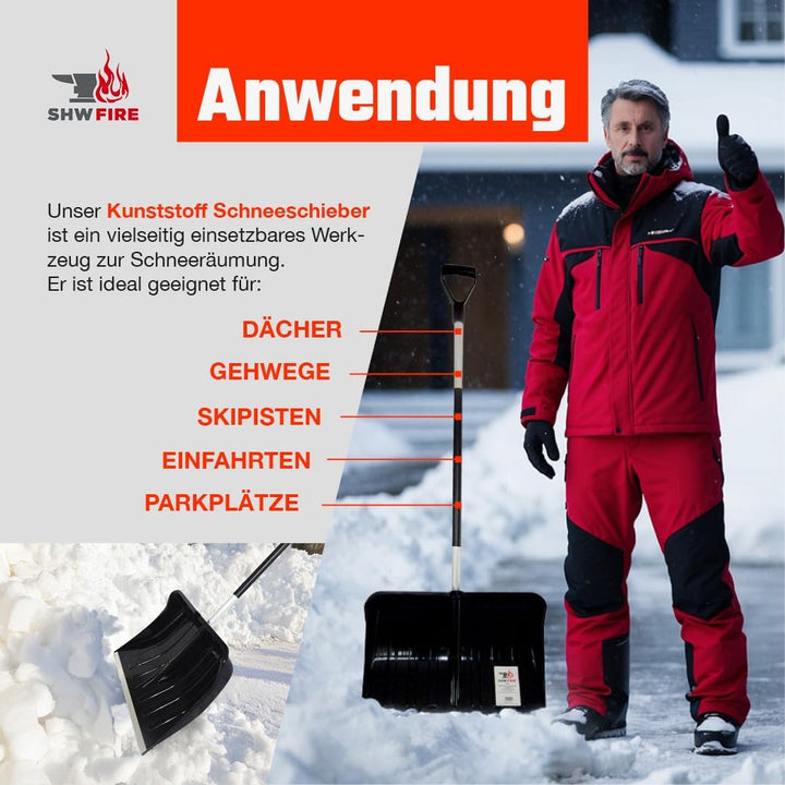 SHW-FIRE Schneeschaufel 55cm breit mit geradem Alu-Stiel 118cm lang - Idealer Schneeschieber für den