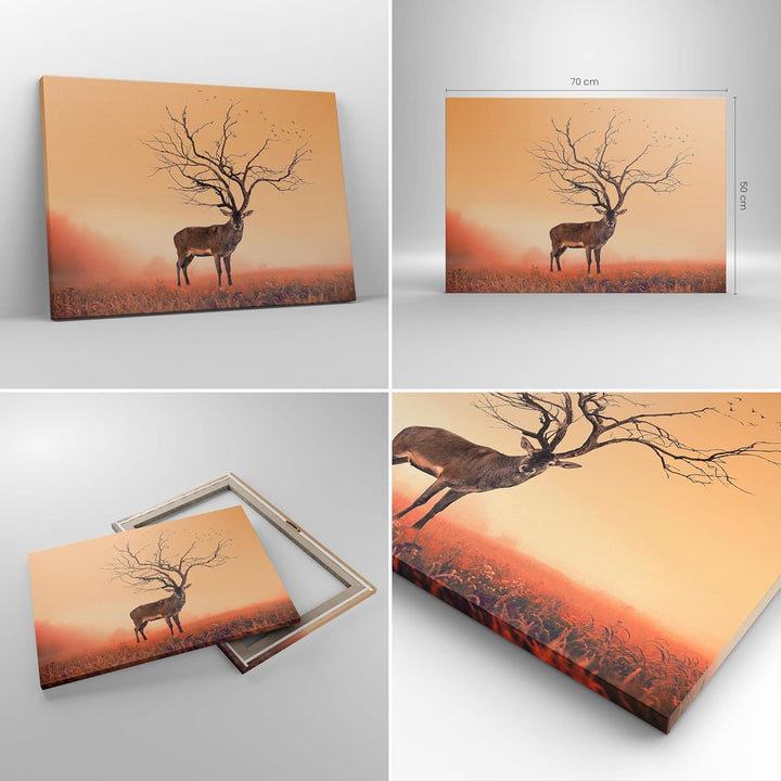 ARTTOR Bilder auf Leinwand Hirsch Baum Nebel Wald Leinwandbild 70x50cm Wandbilder Dekoration Wohnzim