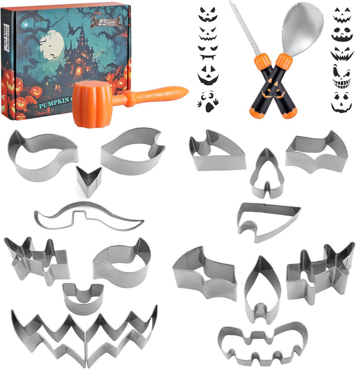 HAUSHOF Halloween Kürbis Schnitzset 23-tlg., Kürbis Schnitzwerkzeuge mit Hammer und 20 Formen, DIY H