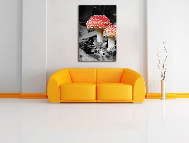 Pixxprint Zwei Kleine Fliegenpilze im Wald, Format: 70x100 auf hochkantiges Leinwand, XXL riesige Bi