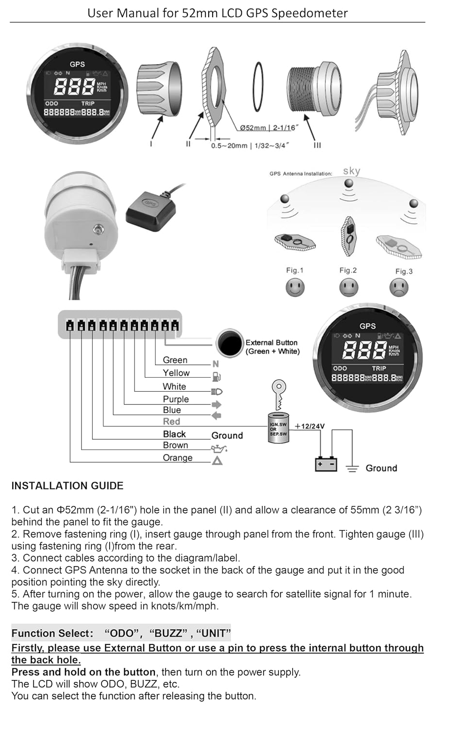ELING Digital GPS Tachometer Einstellbare Kilometerzähler Für Boot Yacht Motorrad Auto 2 zoll (52mm)