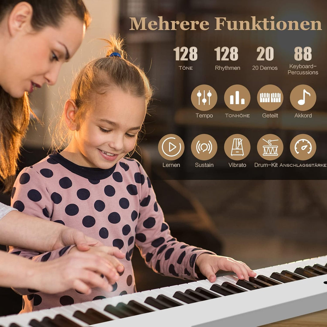 COSTWAY 88 Tastatur Elektroklavier faltbar, Digitale Keyboard tragbar (128 Rhythmen, 128 Töne und 20