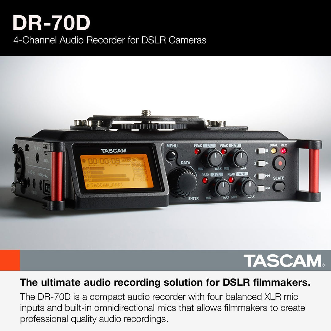 TASCAM Tragbarer 4-Kanal-Audio-Recorder für Videofilmer, 4 Kombi-XLR/TRS-Eingänge, 2 interne Mikrofo