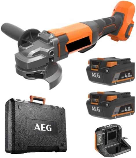 AEG - 125 mm Akku-Winkelschleifer 18 Volt, 9200 U/min mit 2 Pro Lithium-Akkus 4,0 Ah, Ladegerät und