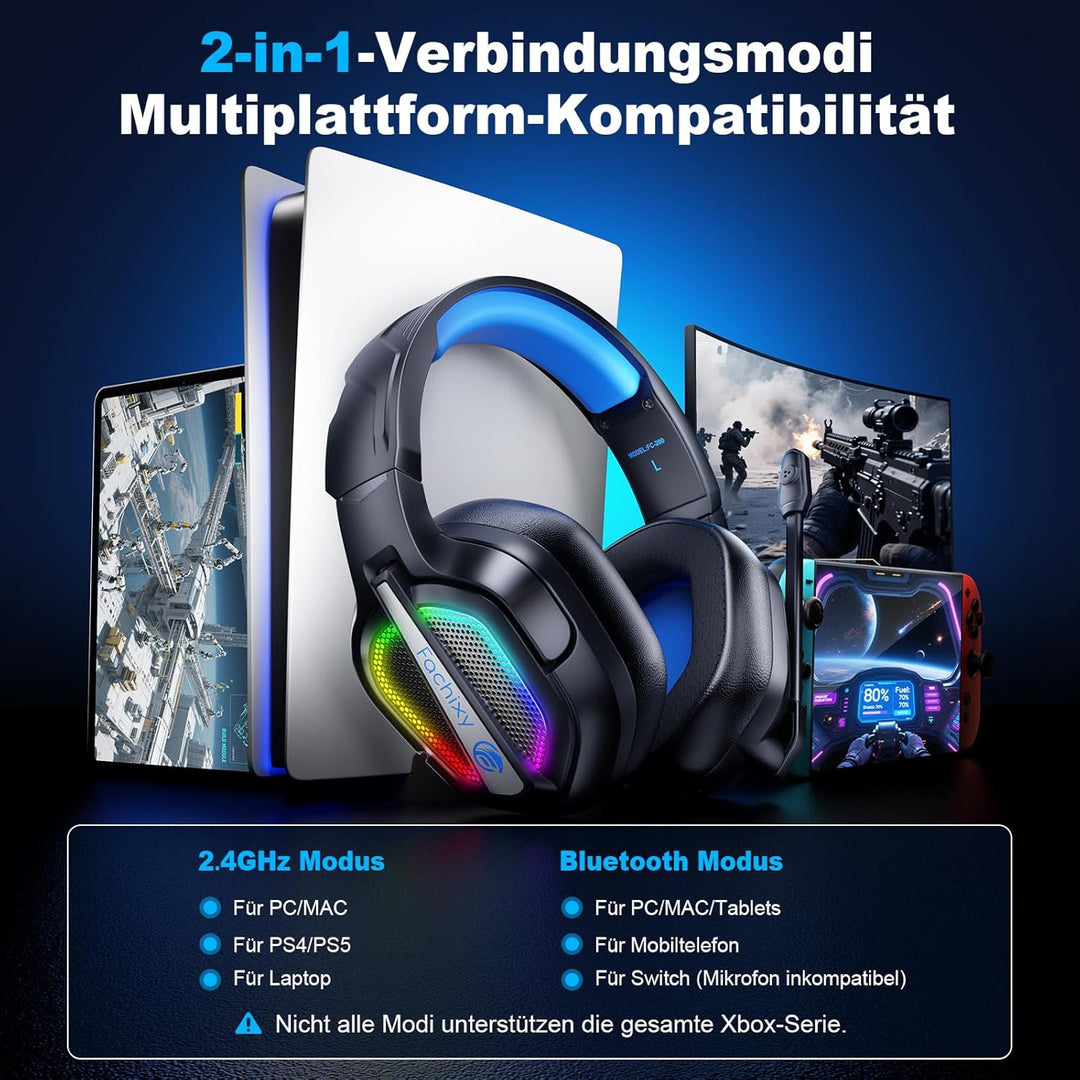 Fachixy FC200 Wireless Gaming Headset, 2.4G Bluetooth Headset mit Mikrofon fĂŒr PS5, PS4, PC, Switch,