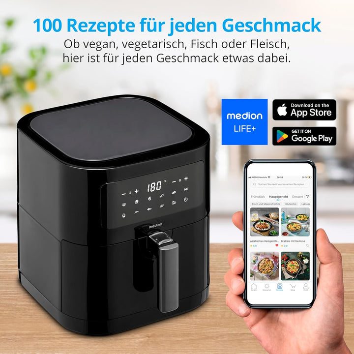 MEDION E40 XL Heissluftfritteuse (5,2 Liter Frittierkorb, 2.150 Watt, 9 Automatikprogramme, Backfunk