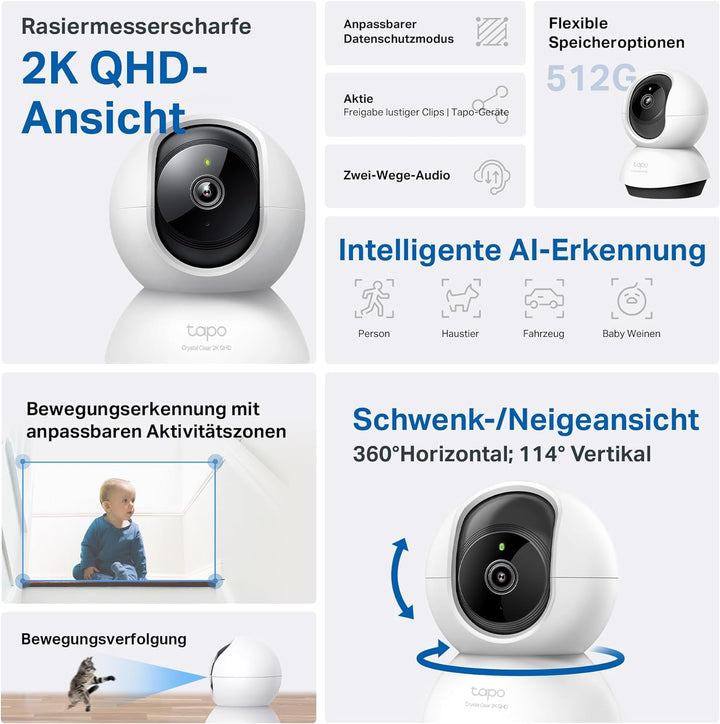 Tapo TP-Link C220 360°-WLAN-Überwachungskamera für den Innenbereich, 2K 4MP, IR Nachtsicht, Bewegung