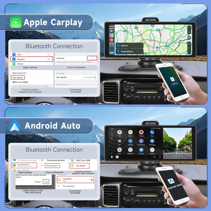 4K Display Carplay Android Auto Monitor 1440P Dashcam mit GPS ADAS, Hodozzy 10,26 Zoll IPS Touchscre