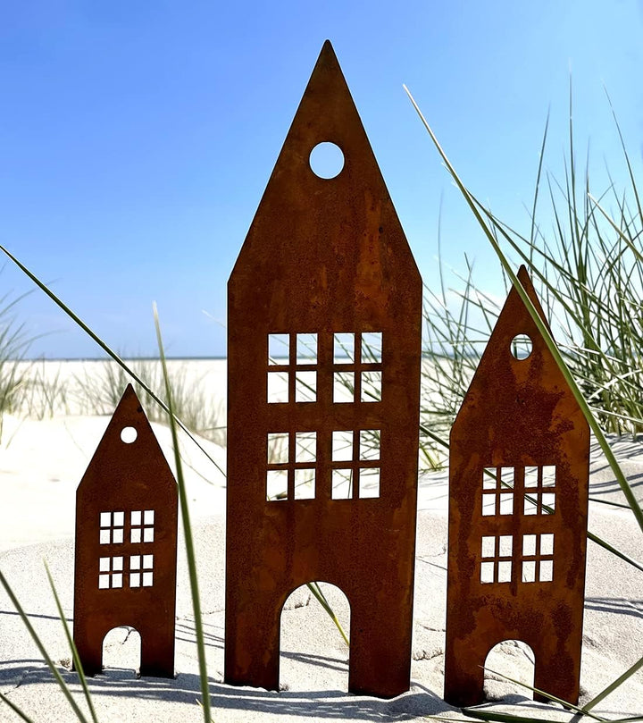 LB H&F Lilienburg Häuser 3er Set Gartendeko Roststecker Rost Metall Gartenstecker (Haus Rost), Haus