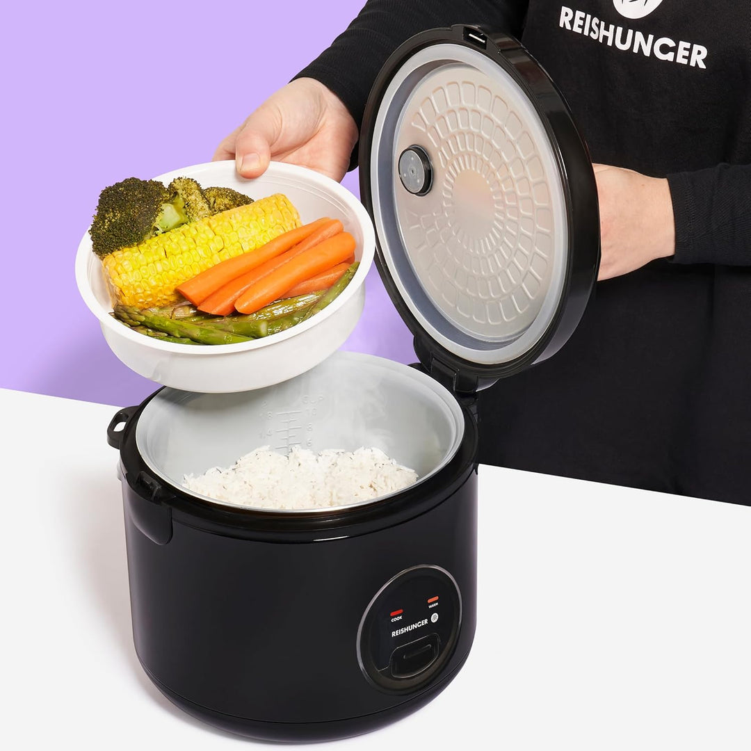 REISHUNGER Reiskocher & Dampfgarer mit Keramikbeschichtung, Schwarz, 1,8L - bis zu 10 Portionen - Sc