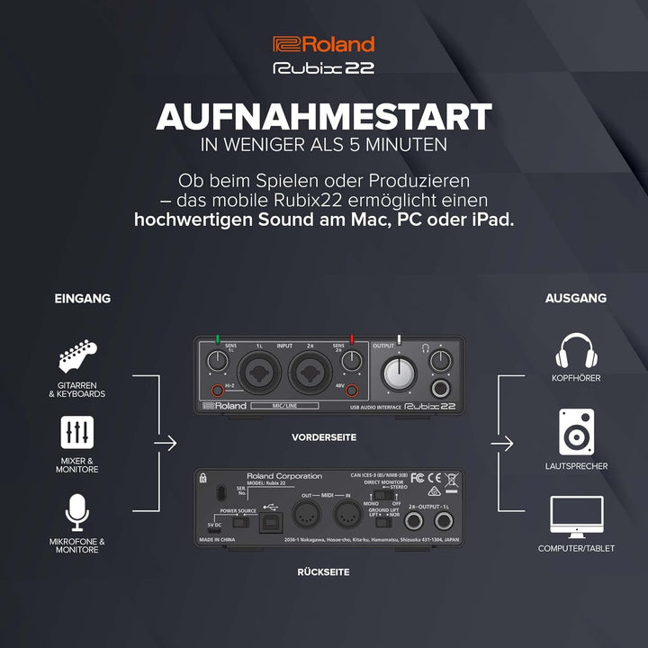Roland RUBIX22 hochauflösendes Interface mit je 2 Ein-/Ausgängen, Hi-Res Interface für Mac, PC und I